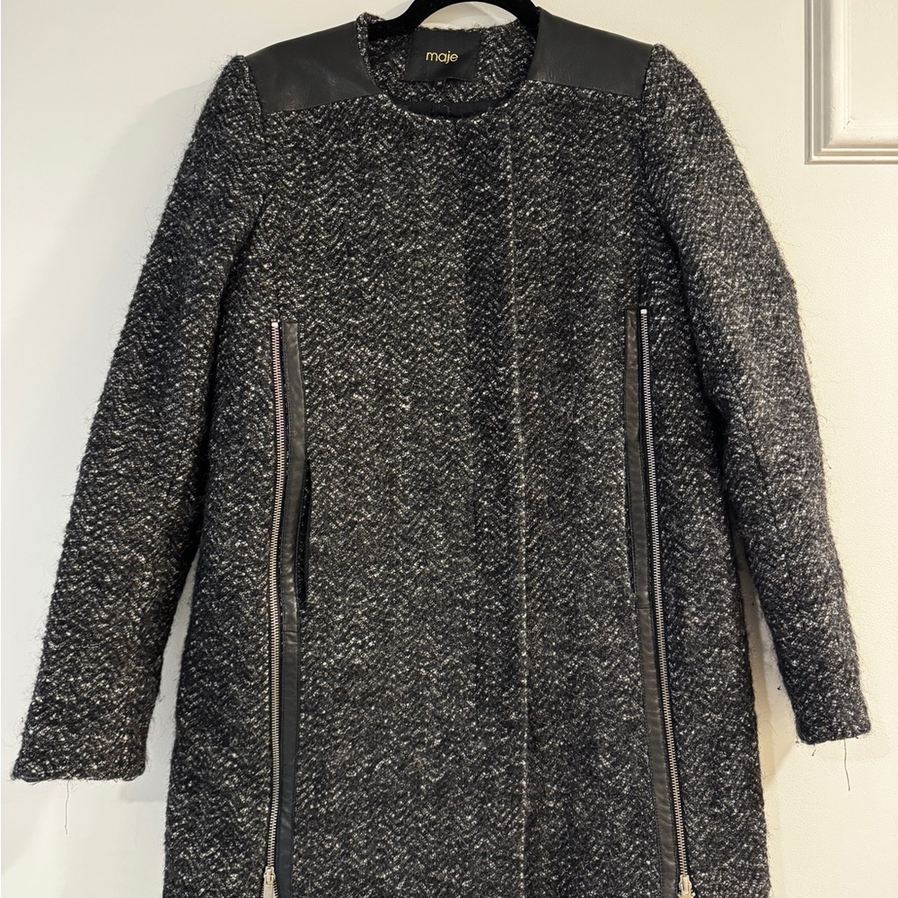 Maje Wool and Lambskin Tweed Coat